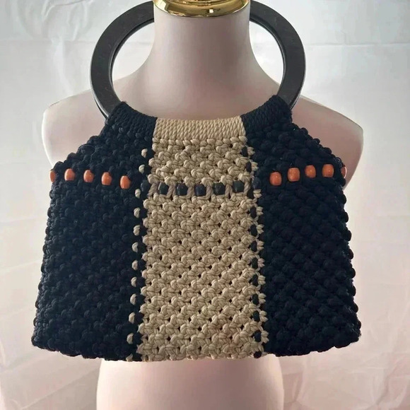 Handmade Black and Beige Crochet Bag - Picture 2 of 7